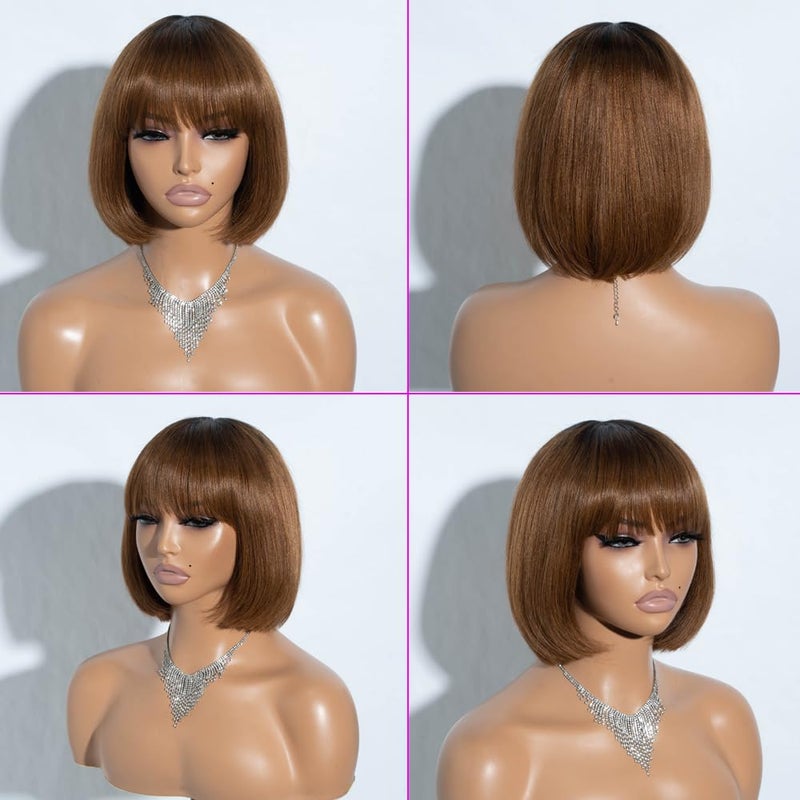 Spotlight 8 Inch Straight Bob Wig with Bangs Human Hair 180% Density Short Bob Human Hair Wigs with Bangs None Lace Front Wigs Brazilian Straight Hair Wig for Black Women (Ombre Brown, TT1B/30 Color) - Image 3